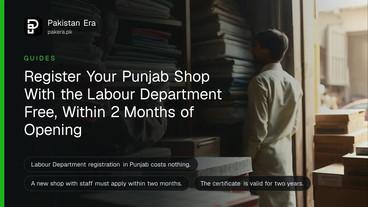A shopkeeper and an assistant arranging stock on shelves inside a small shop in Lahore