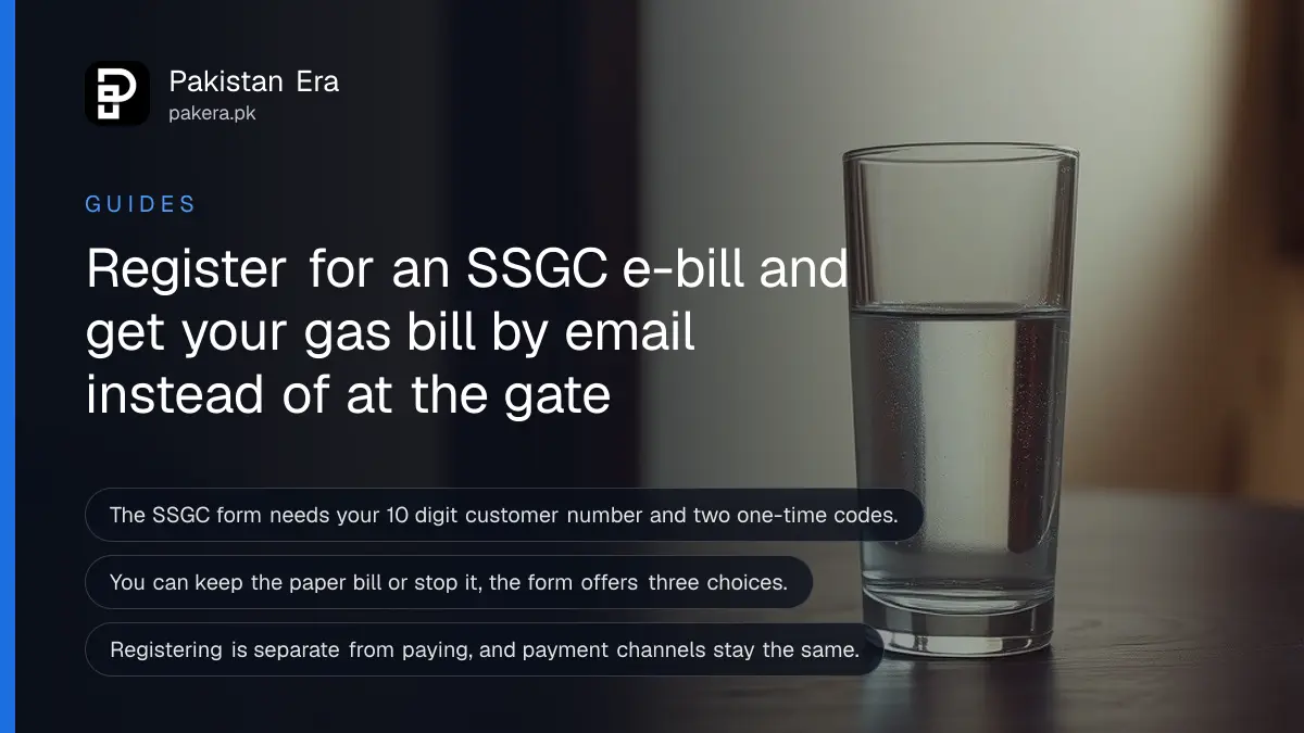 A glass of water on a dark wooden table, for a guide on registering an SSGC e-bill in Pakistan