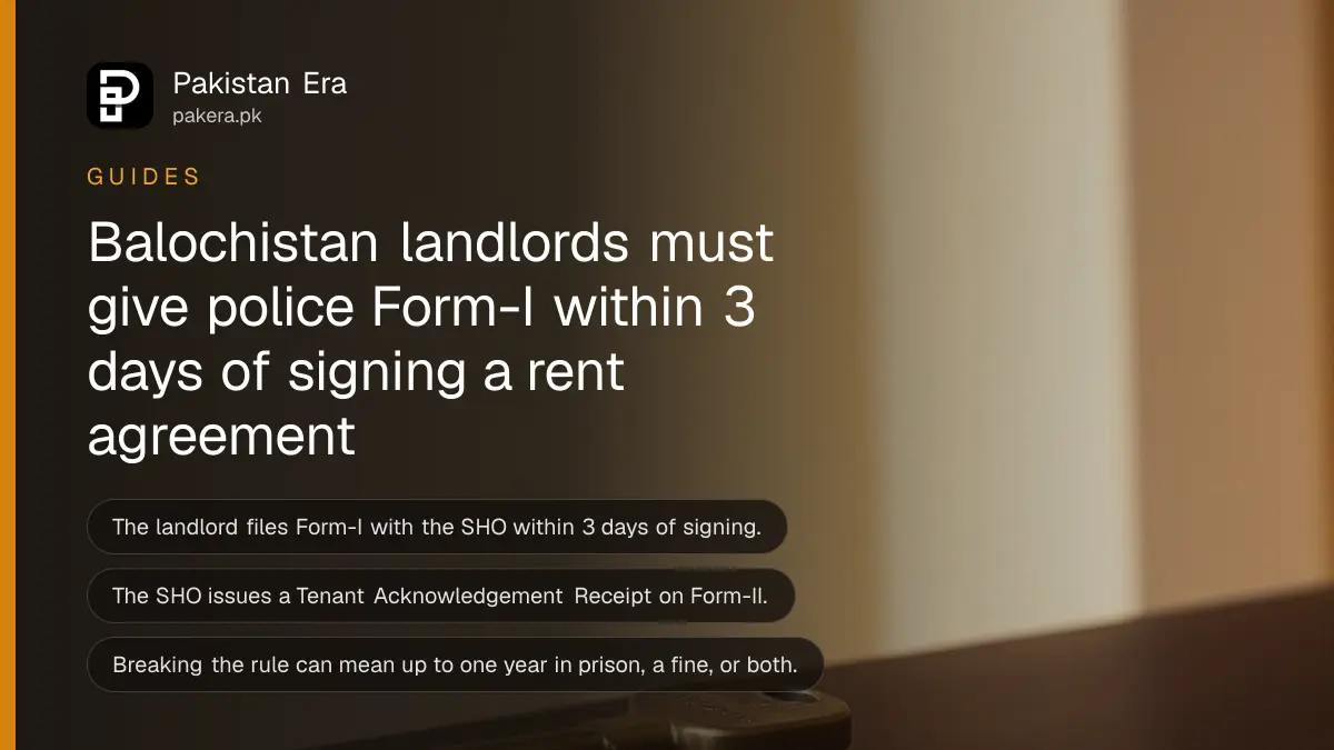 A brass key on a dark wooden table, for a guide on registering a tenant with police in Balochistan