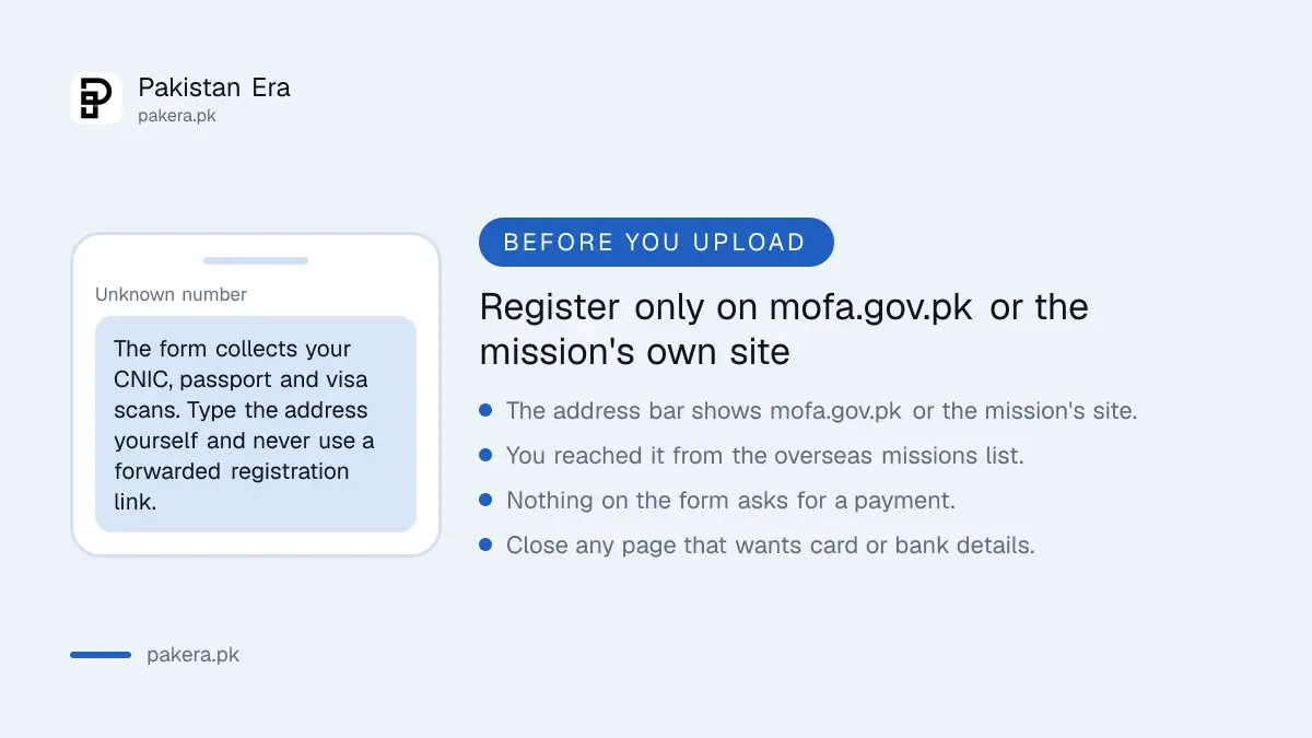 Safety check: only register on mofa.gov.pk or the mission's own website, never through a forwarded link