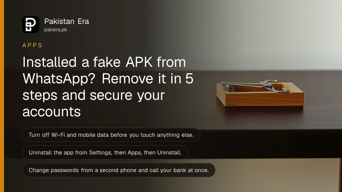 A small wooden mouse trap on a dark wooden table against a plain cream wall, for an article on removing a fake APK from an Android phone