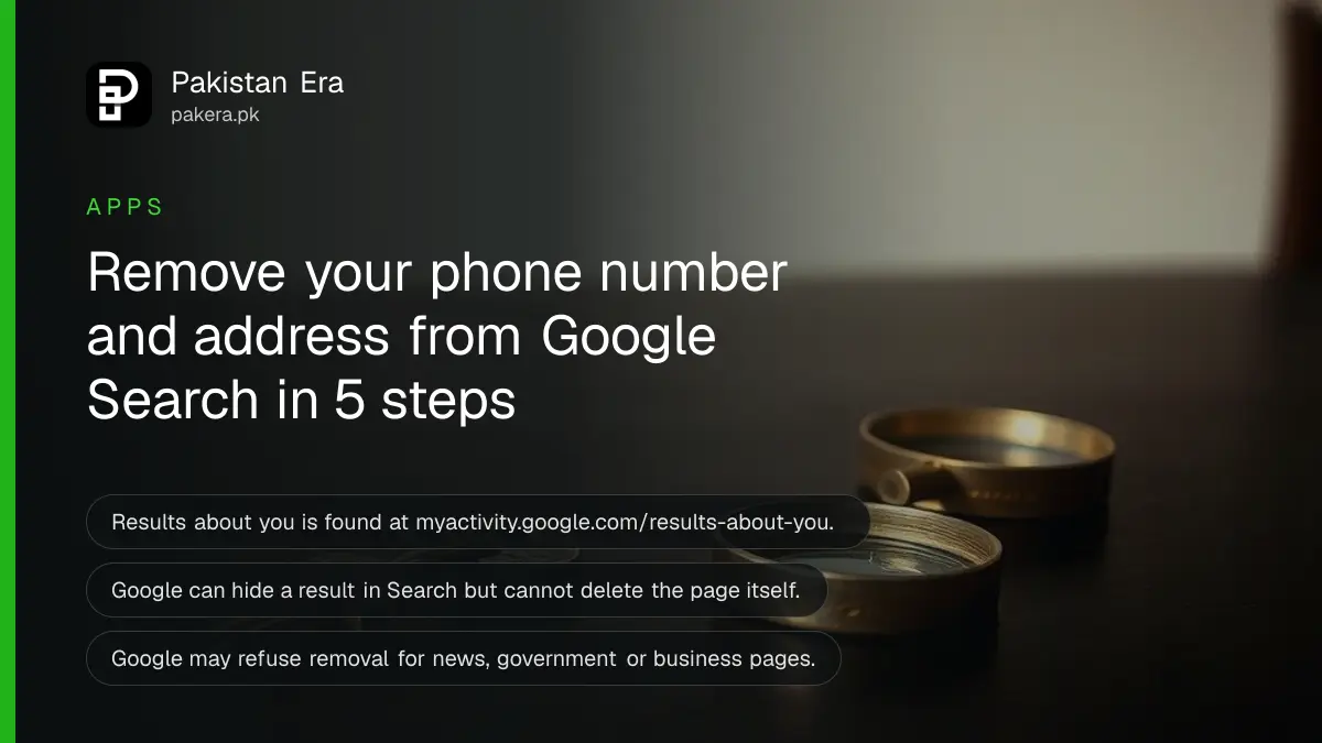 A brass key and an old brass magnifying glass on a dark wooden table, for a guide to removing personal info from Google Search in Pakistan