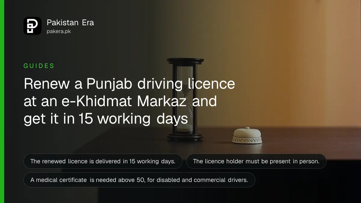 A small hourglass on a dark wooden table, for a guide to renewing a driving licence in Punjab