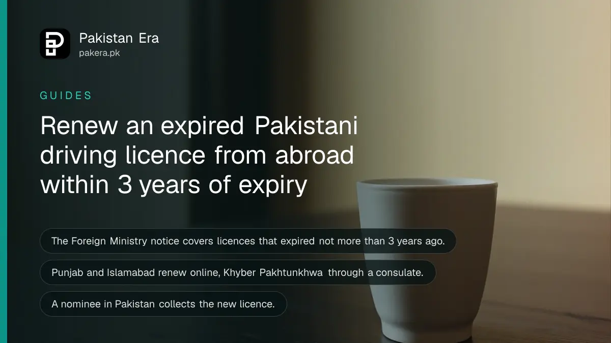 A ceramic cup on a dark wooden table, for an article on renewing a Pakistani driving licence from abroad