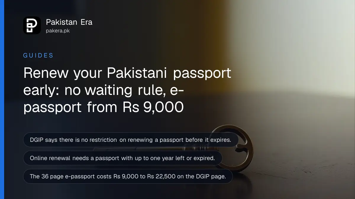 An antique brass key on a dark wooden table, for a guide to renewing a Pakistani passport early