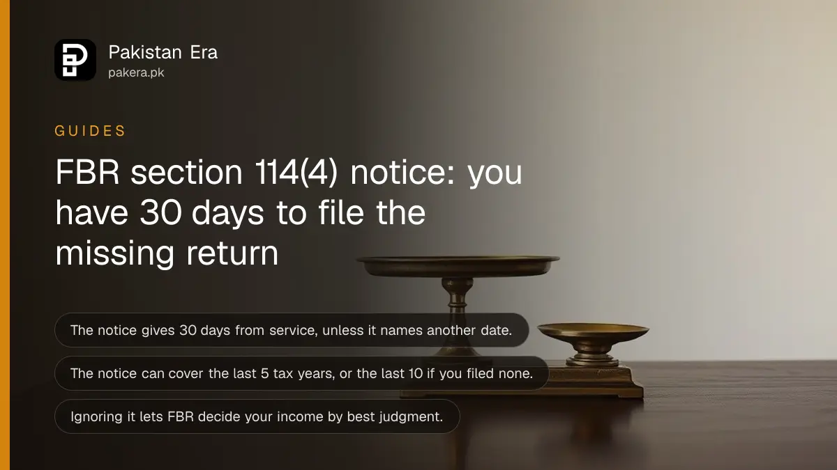 A brass scale on a dark wooden table, for a guide to replying to an FBR section 114(4) notice in Pakistan