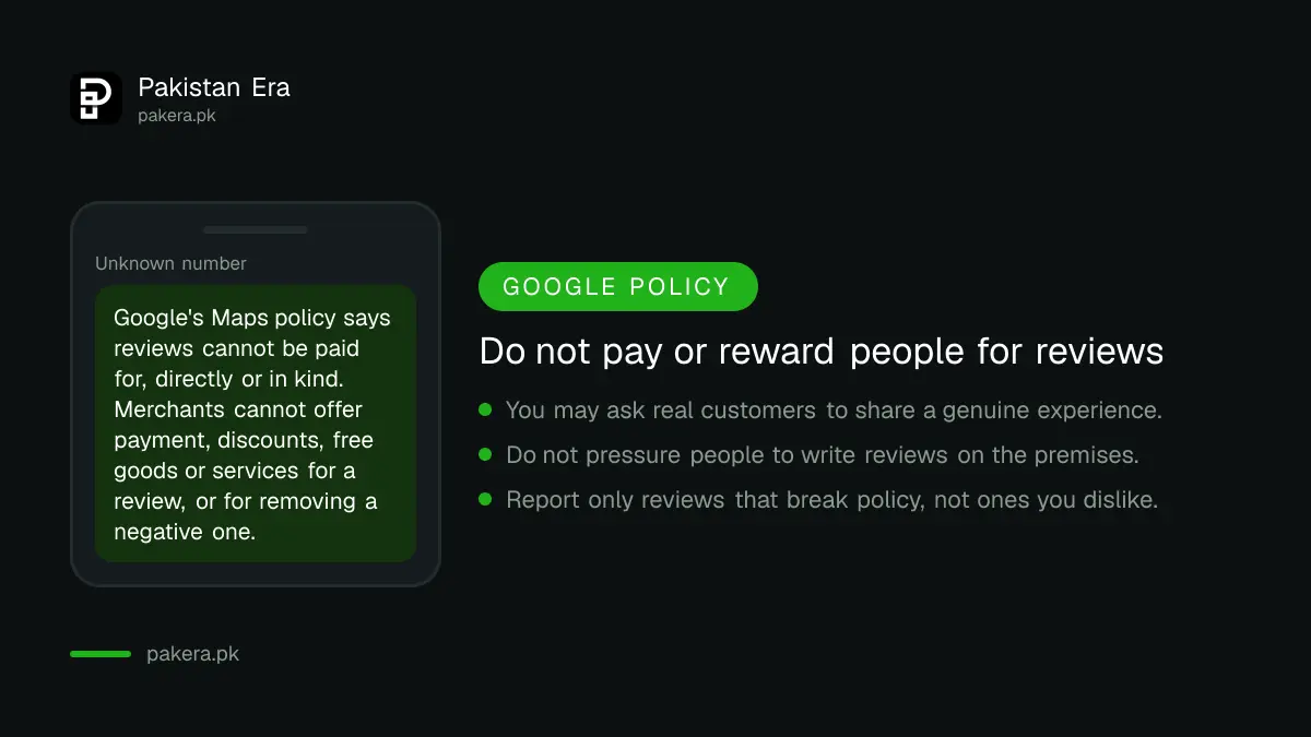 Warning card that paying or rewarding customers for Google reviews breaks Google's policy