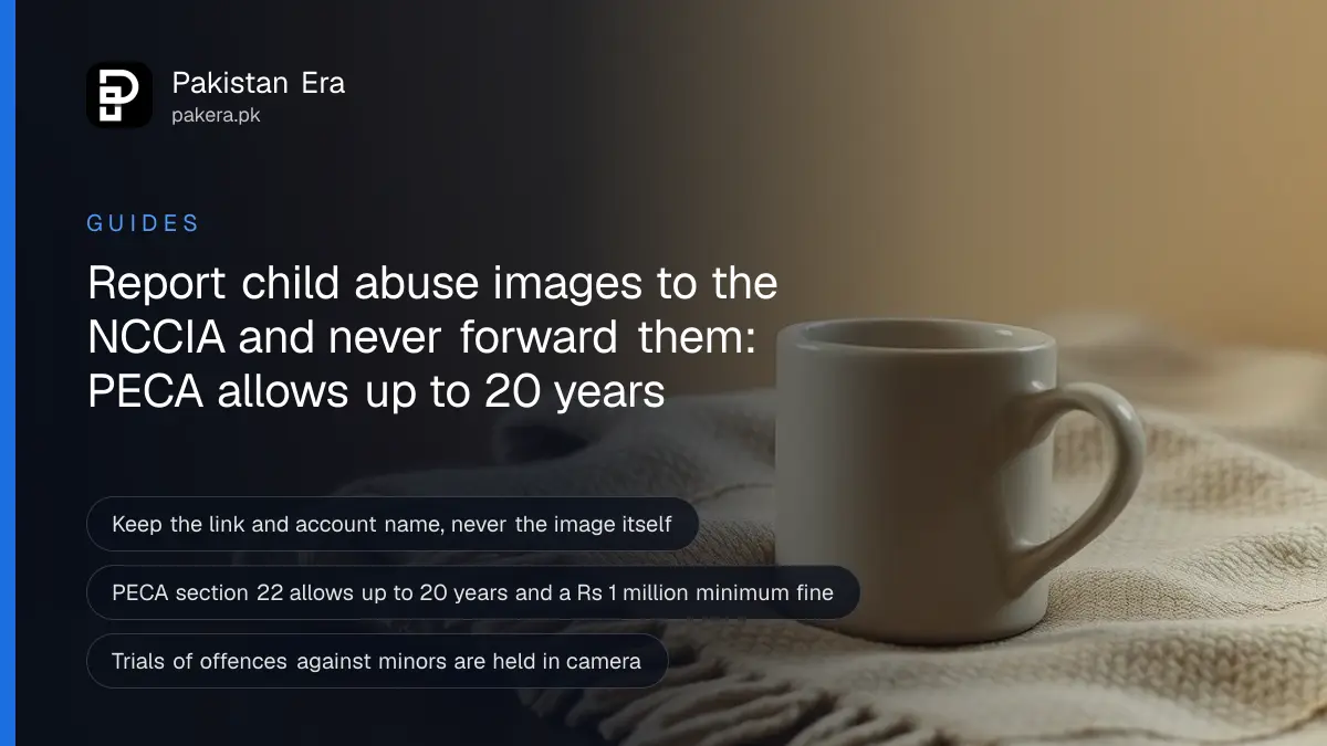 A plain ceramic mug and a folded wool blanket on a dark wooden table, for a guide to reporting child abuse images online in Pakistan