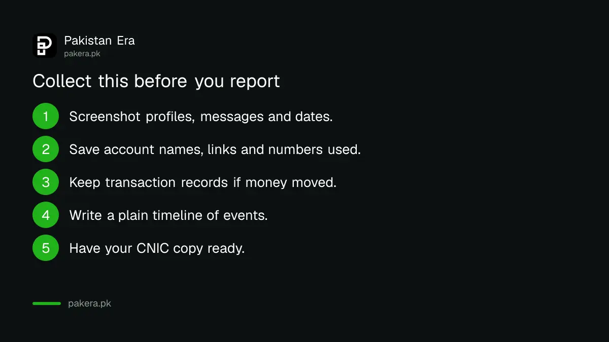 What evidence to collect before reporting a cybercrime in Pakistan