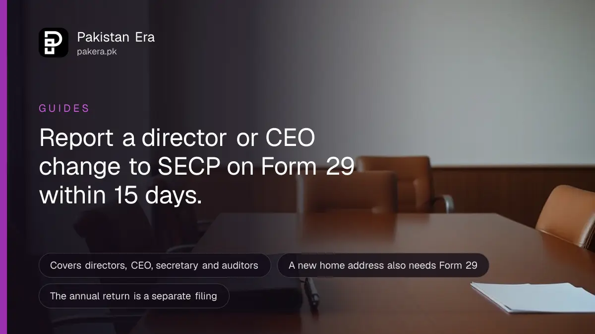 A boardroom table with empty chairs and a folder ready for a company director change filing in Islamabad