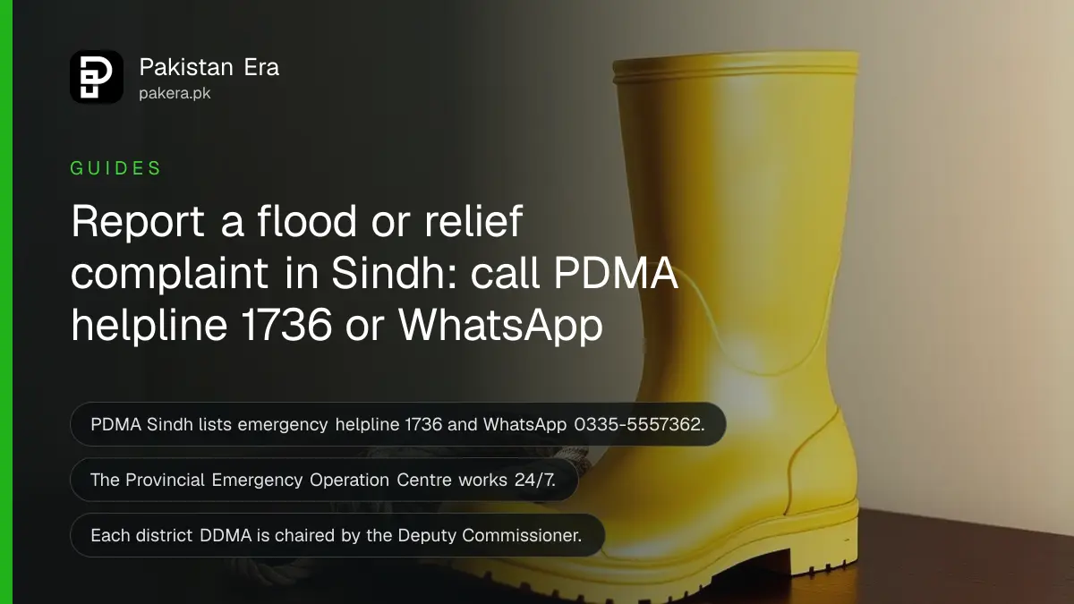 A yellow rubber boot and a coiled rope on a dark wooden table, for a guide to reporting a disaster to PDMA Sindh