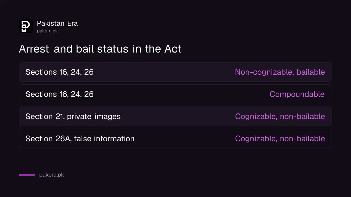 Arrest and bail status of PECA sections 16, 24, 26, 21 and 26A