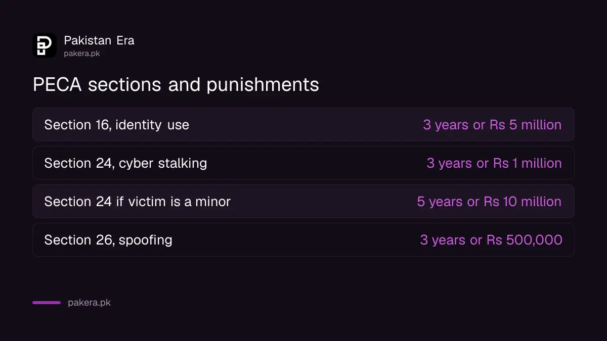 PECA sections 16, 24 and 26 with the punishment for each offence