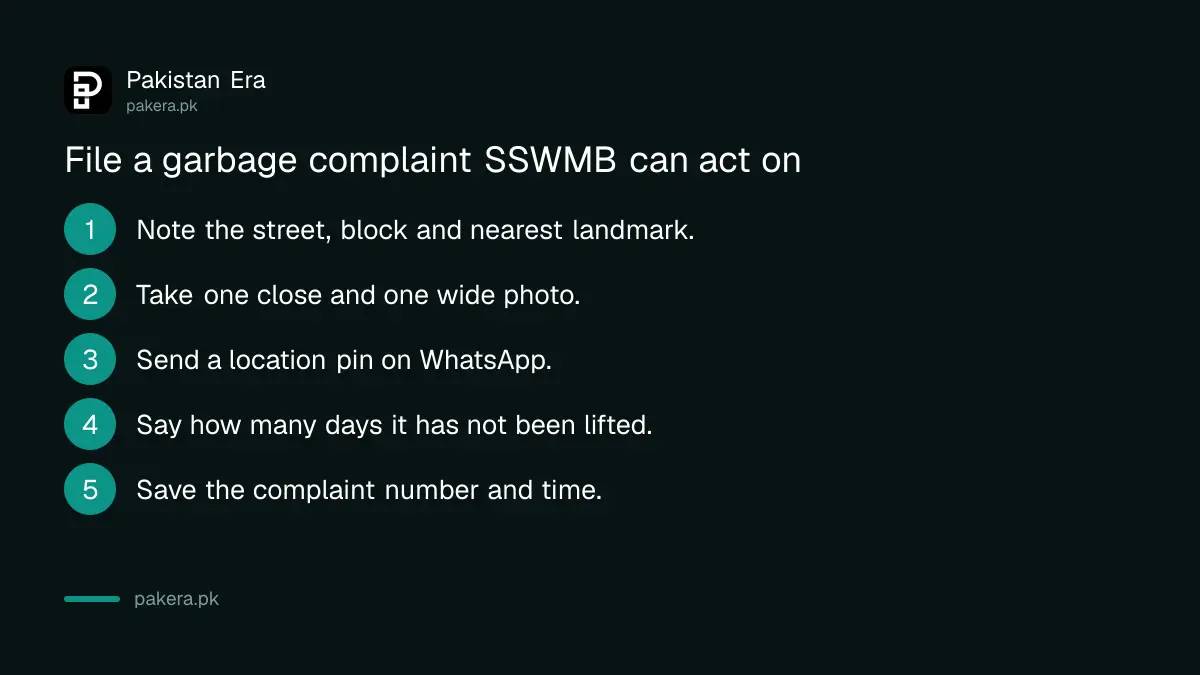 Steps to file a garbage complaint with SSWMB Karachi with a photo and landmark