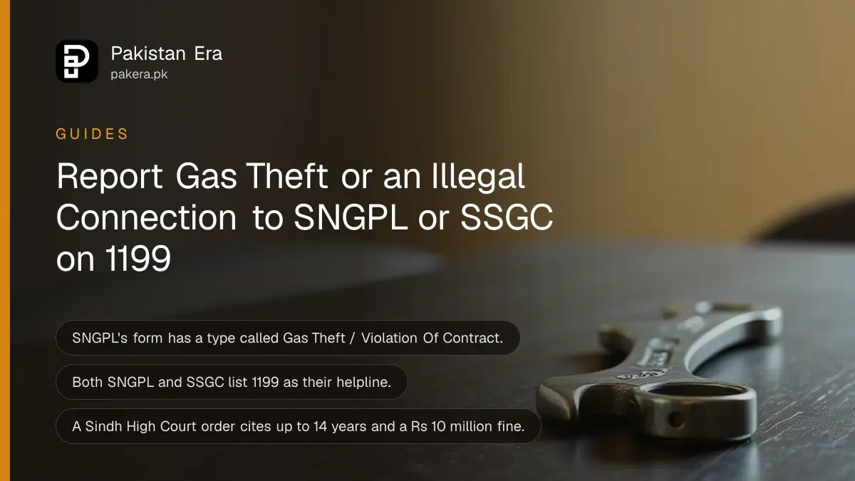A steel wrench on a dark wooden table, for a guide on reporting gas theft and illegal gas connections in Pakistan