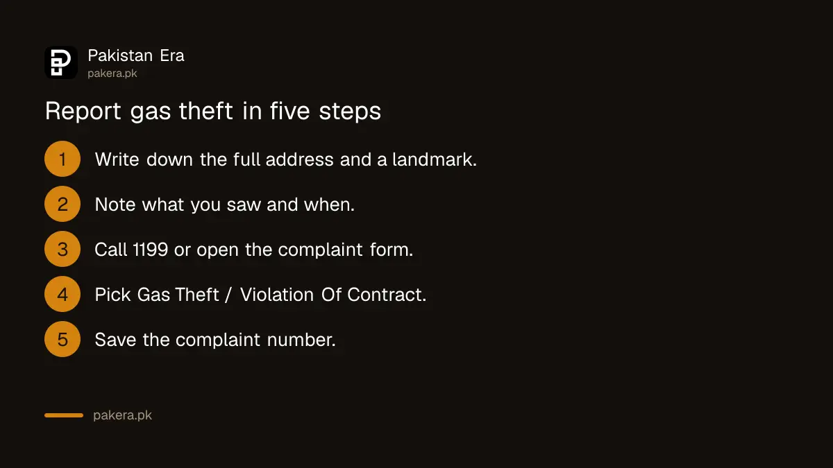 Steps to report gas theft: note the address, call 1199 or use the form, pick the theft type and save the complaint number