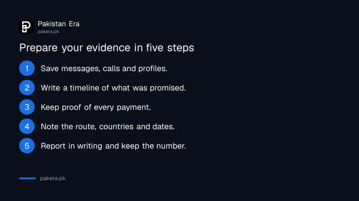 Steps to prepare evidence before reporting a human smuggler to the FIA