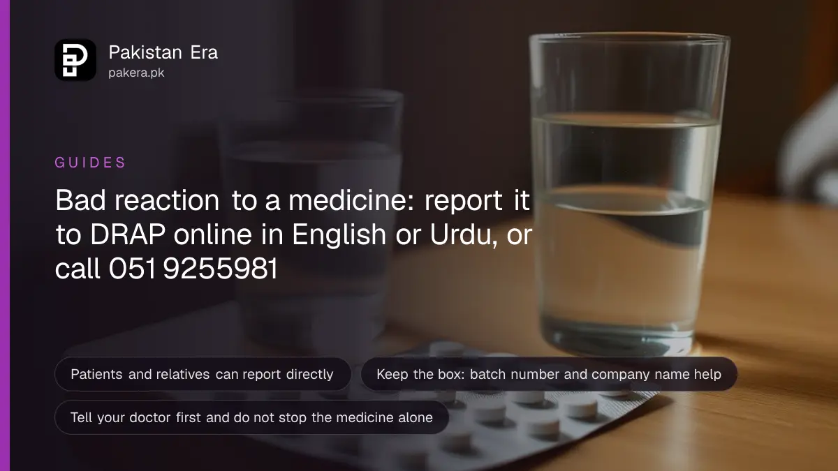 A hand holding a plain silver blister strip of white tablets beside a glass of water on a wooden kitchen table