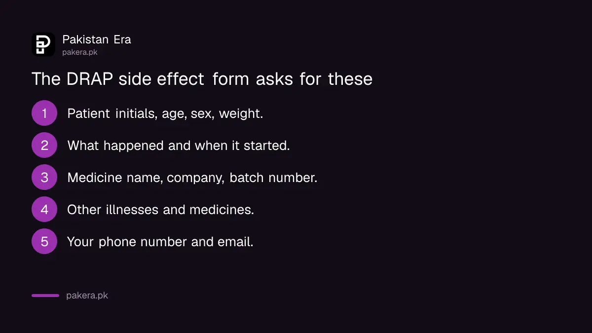 What the DRAP side effect reporting form asks for