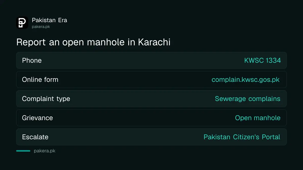 Ways to report an open manhole in Karachi: KWSC helpline 1334 and the online complaint form