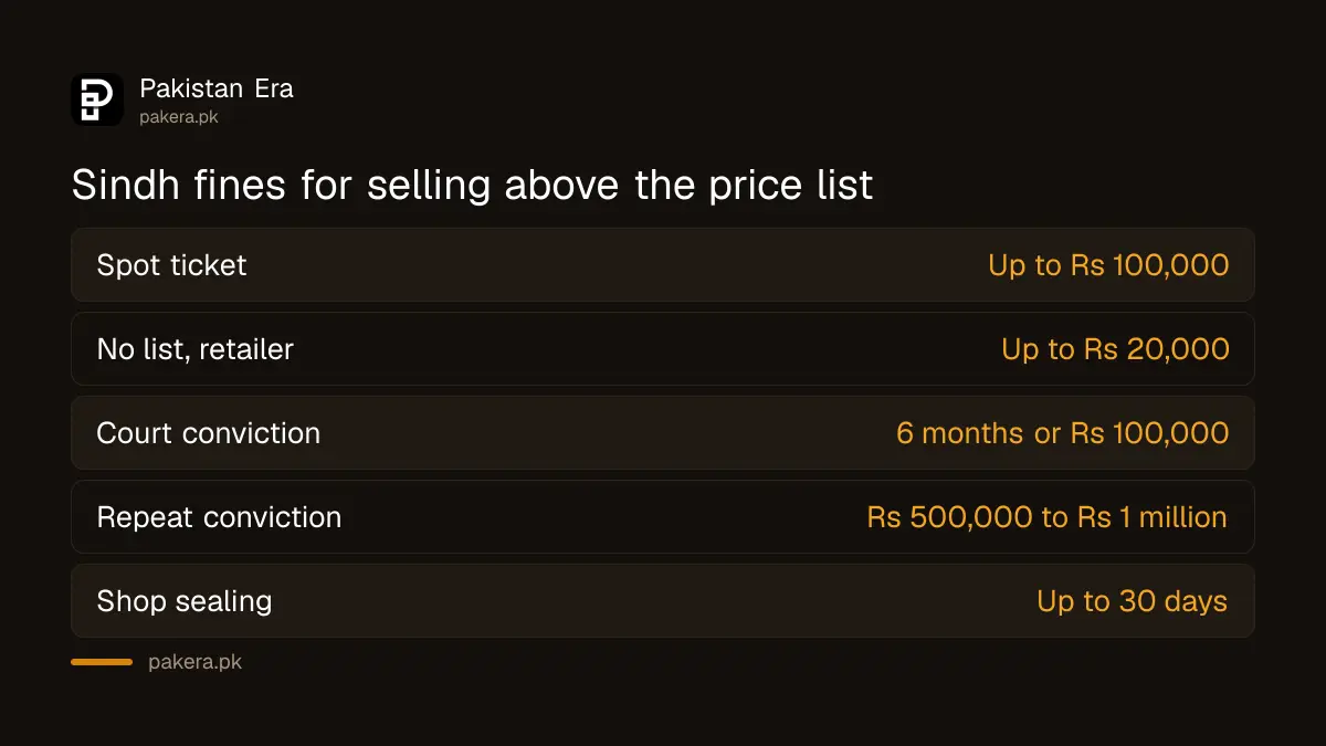 Sindh price control fines: up to Rs 100,000 on the spot, six months in jail, and Rs 500,000 to Rs 1 million for a repeat conviction