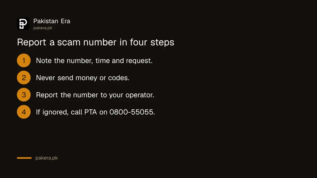 Four steps to report a scam number, starting with your mobile operator and then PTA