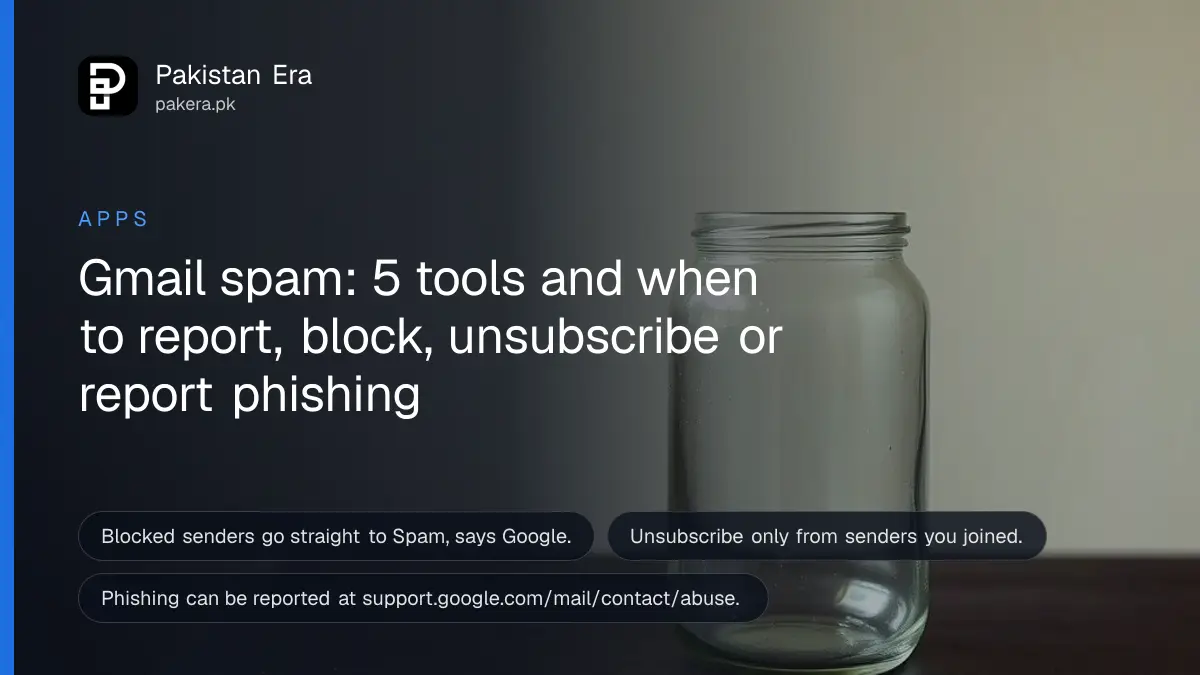 A plain empty glass jar on a dark wooden table against a cream wall, for an article on Gmail spam