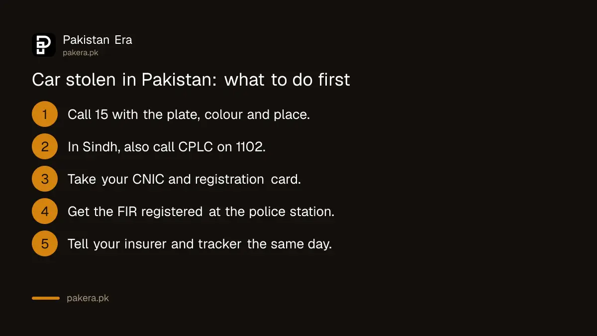 Steps to report a stolen car in Pakistan: call 15, file the FIR, call CPLC in Sindh