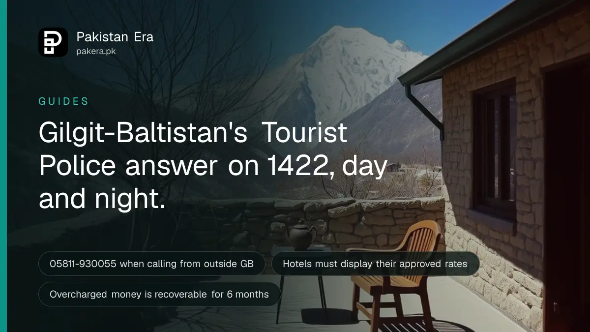 A stone-walled guest house terrace in Hunza with bare apricot trees and snowy peaks behind in winter