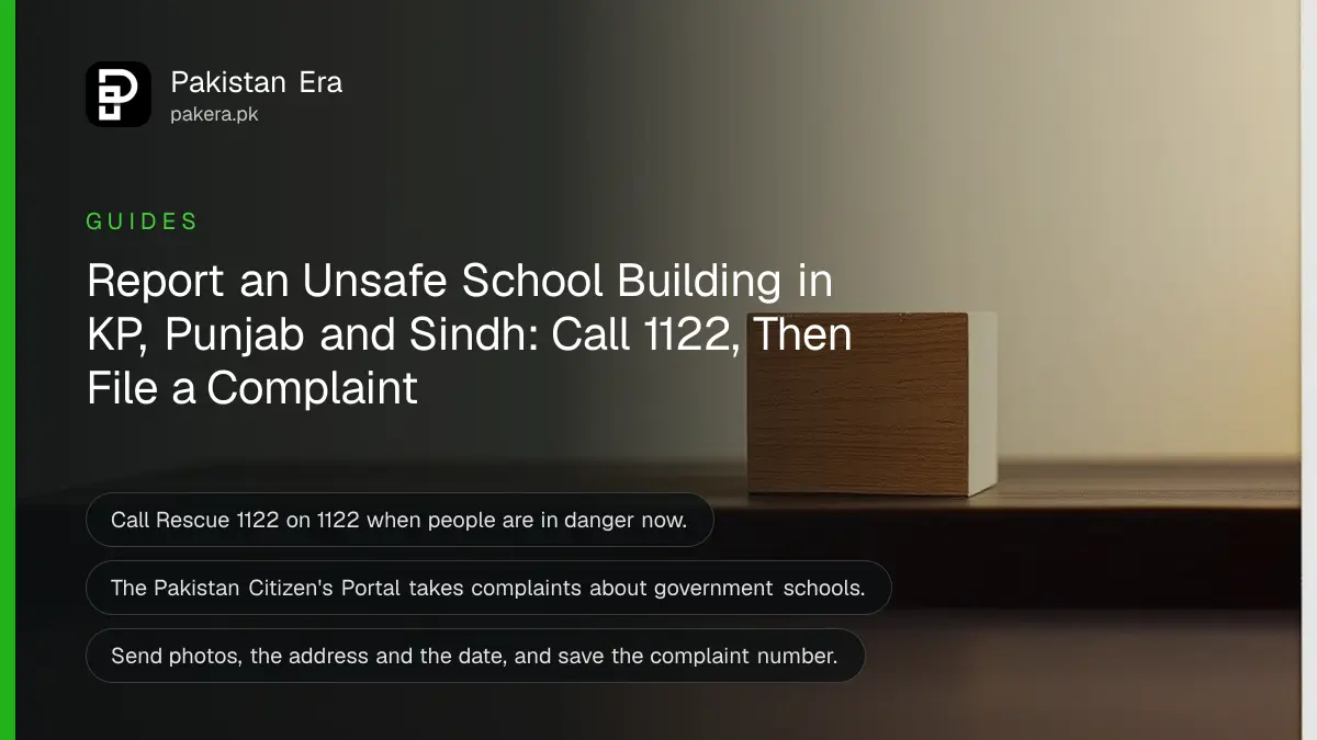 A plain wooden block on a dark wooden table, for a guide to reporting an unsafe school building in Pakistan