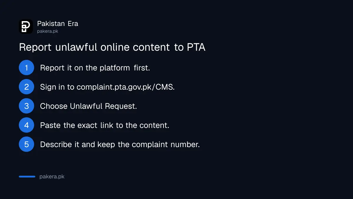 Steps to report unlawful online content on PTA's complaint portal