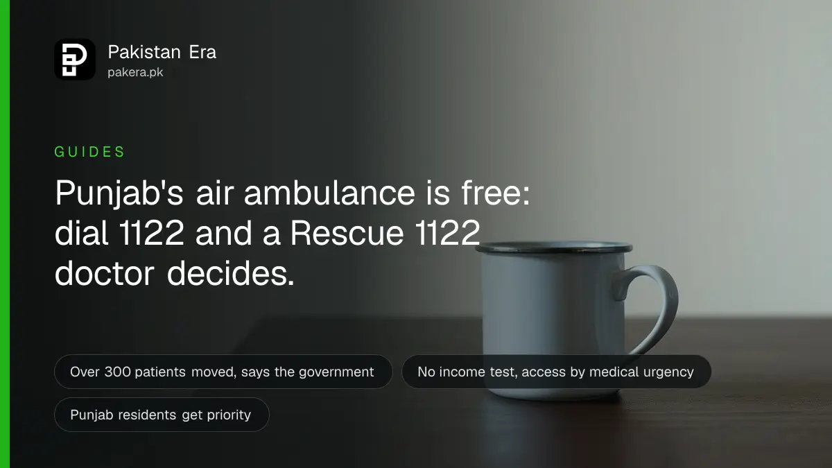 A white enamel mug on a dark wooden table, for a guide on punjab air ambulance