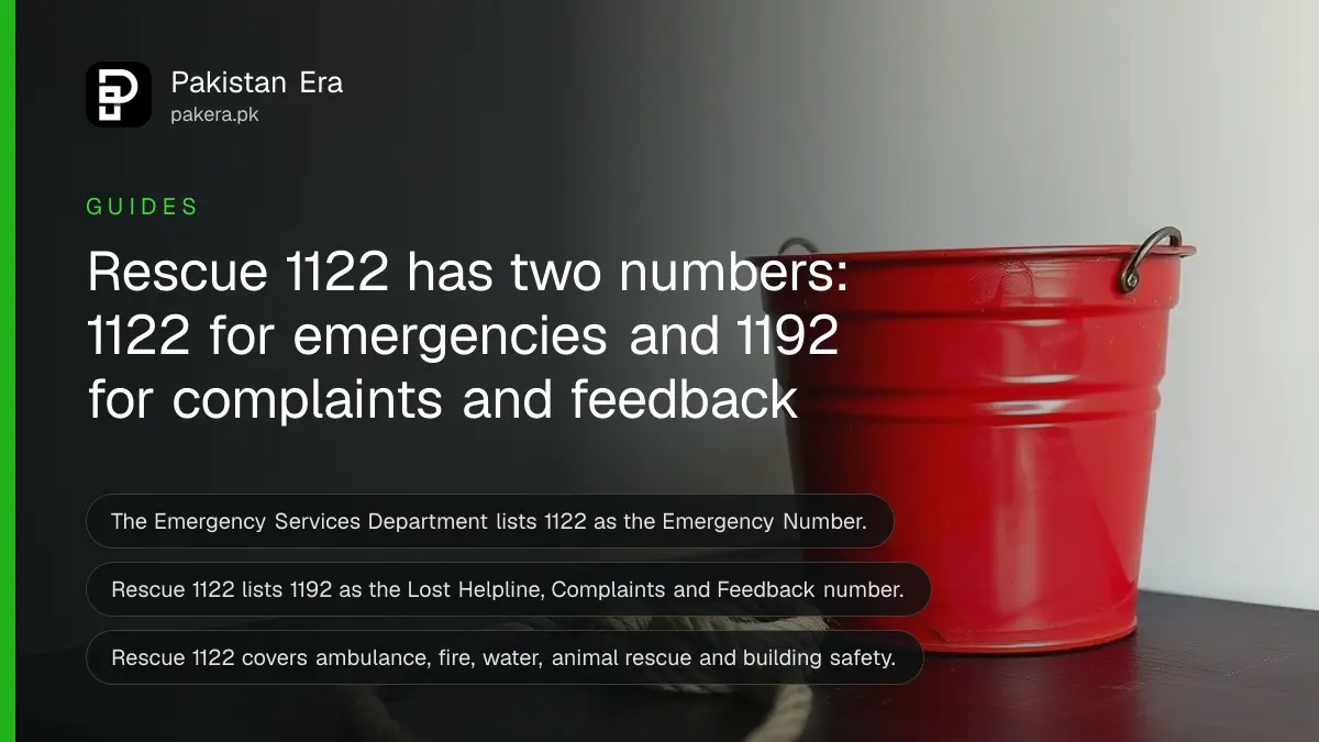 A plain red metal bucket and a coiled rope on a dark wooden table, for a guide to Rescue 1122 numbers in Punjab