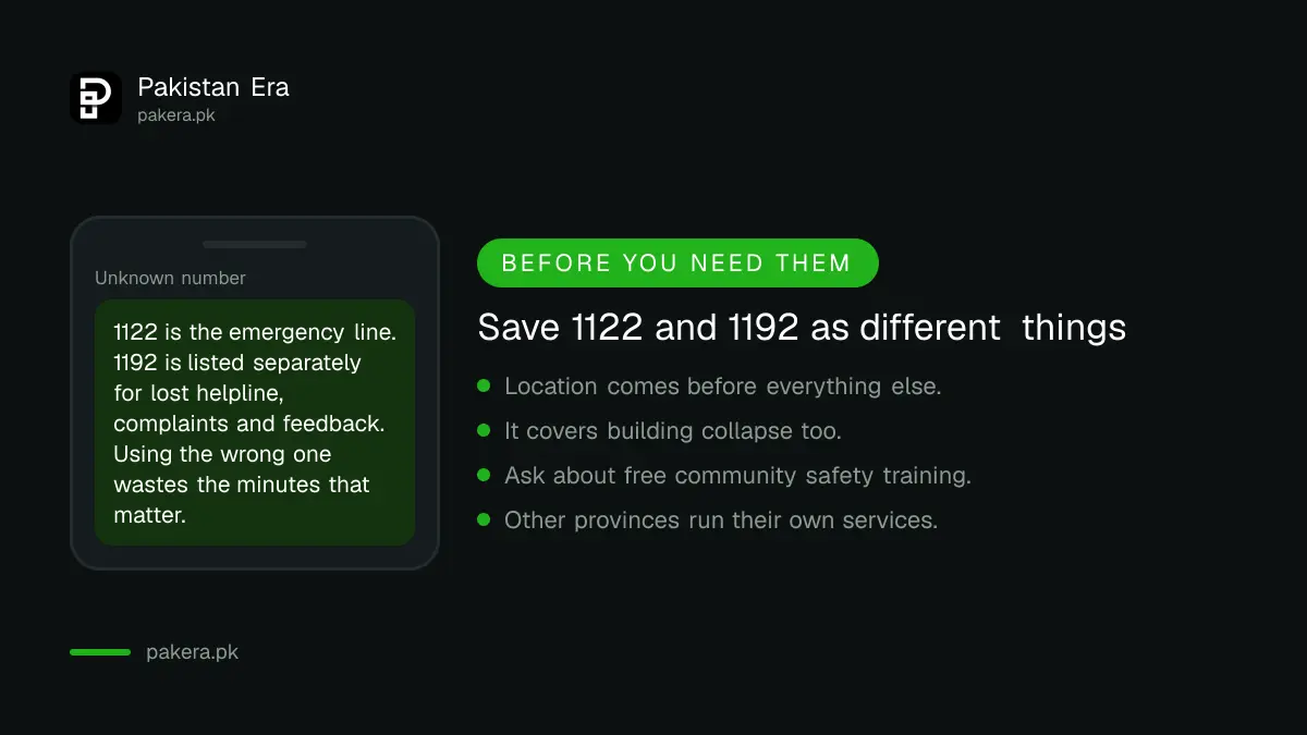 Rescue 1122 emergency number and the 1192 complaints helpline in Pakistan