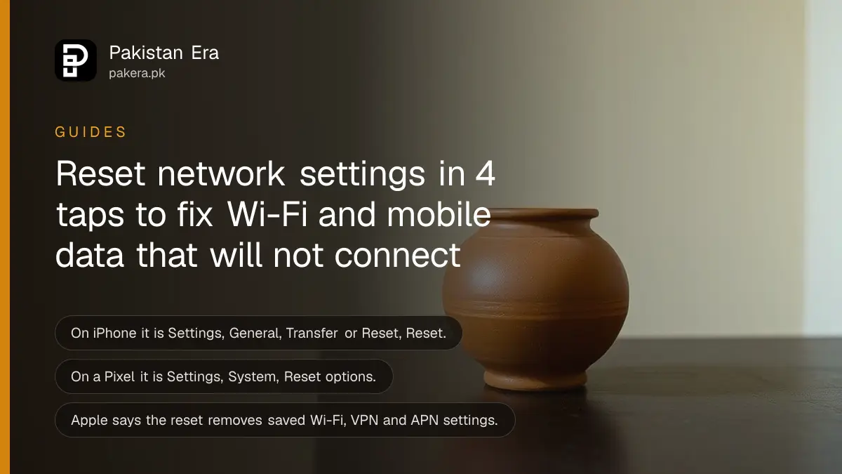 A terracotta pot on a dark wooden table, for a guide to resetting network settings on a phone in Pakistan