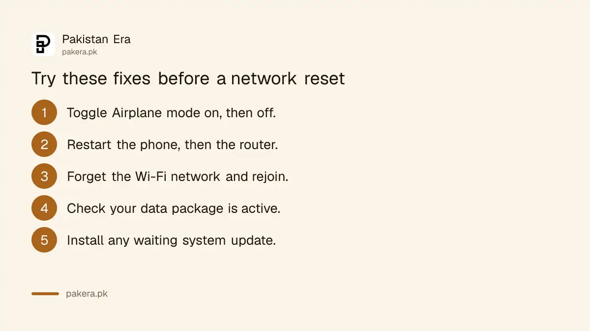 Order of fixes before a network reset, from restarting the phone to resetting network settings