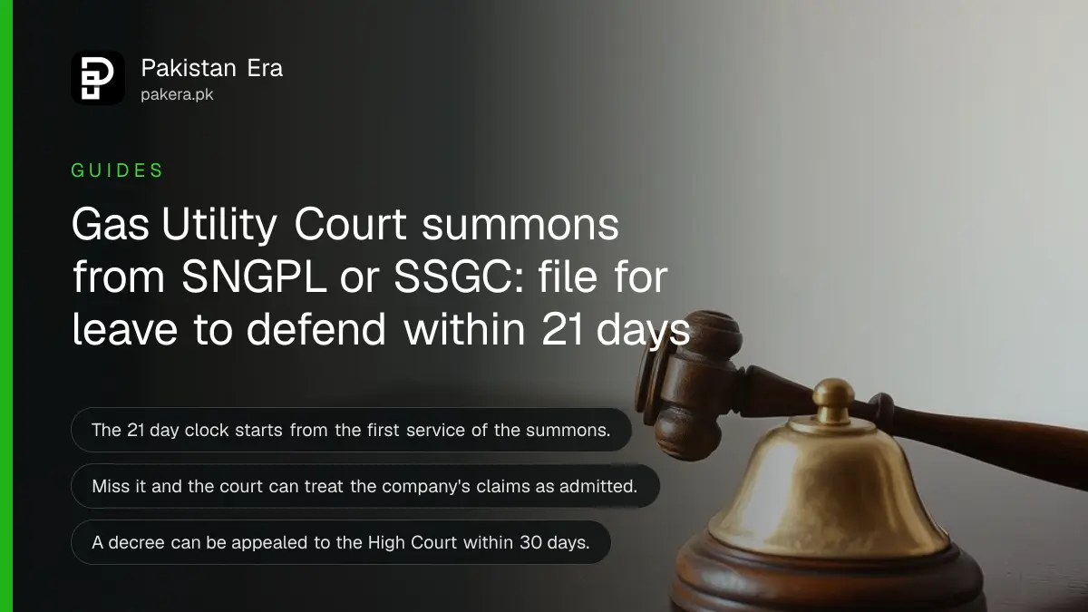 A wooden gavel and a brass desk bell on a dark wooden table, for a guide to Gas Utility Court summons in Pakistan