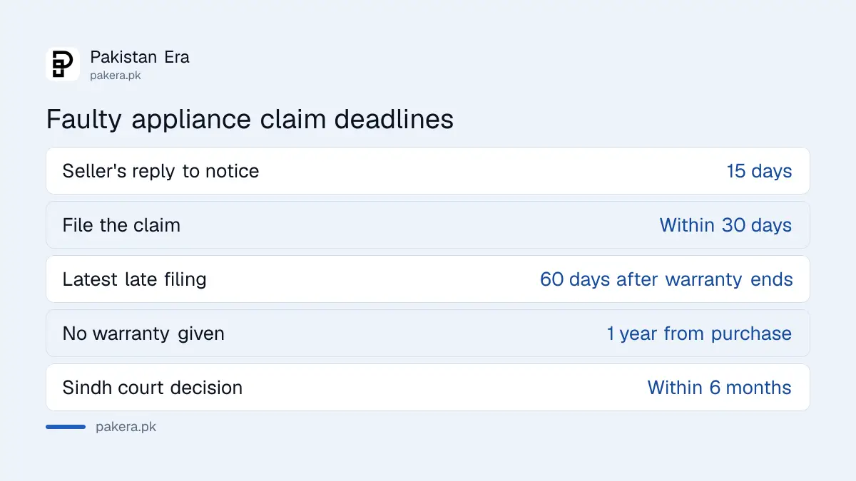 Faulty appliance claim deadlines in Punjab and Sindh: 15 days to reply, 30 days to file