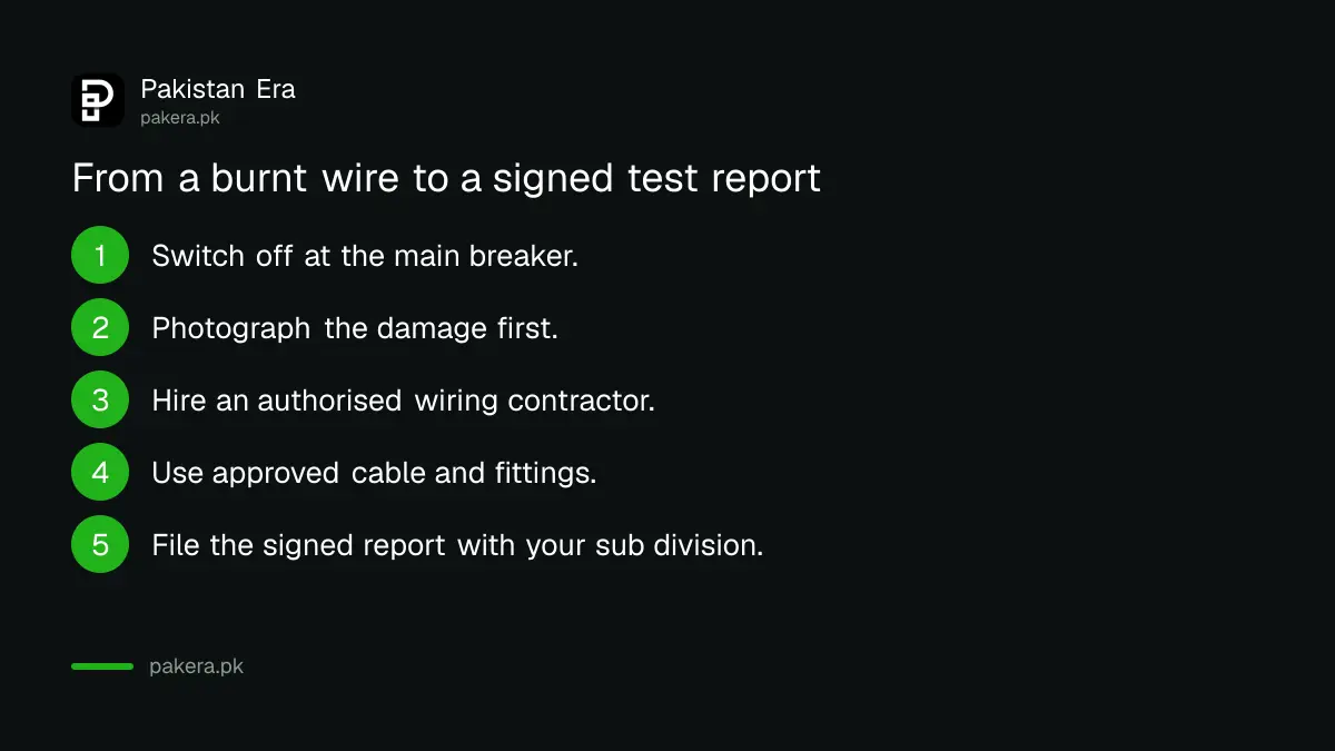 Steps to rewire a house and file a fresh wiring test report in Pakistan