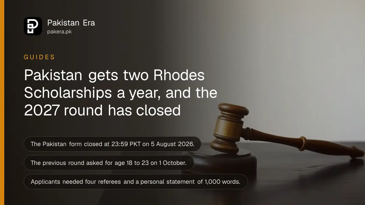 A wooden gavel on a dark wooden table, for a guide to the Rhodes Scholarship from Pakistan