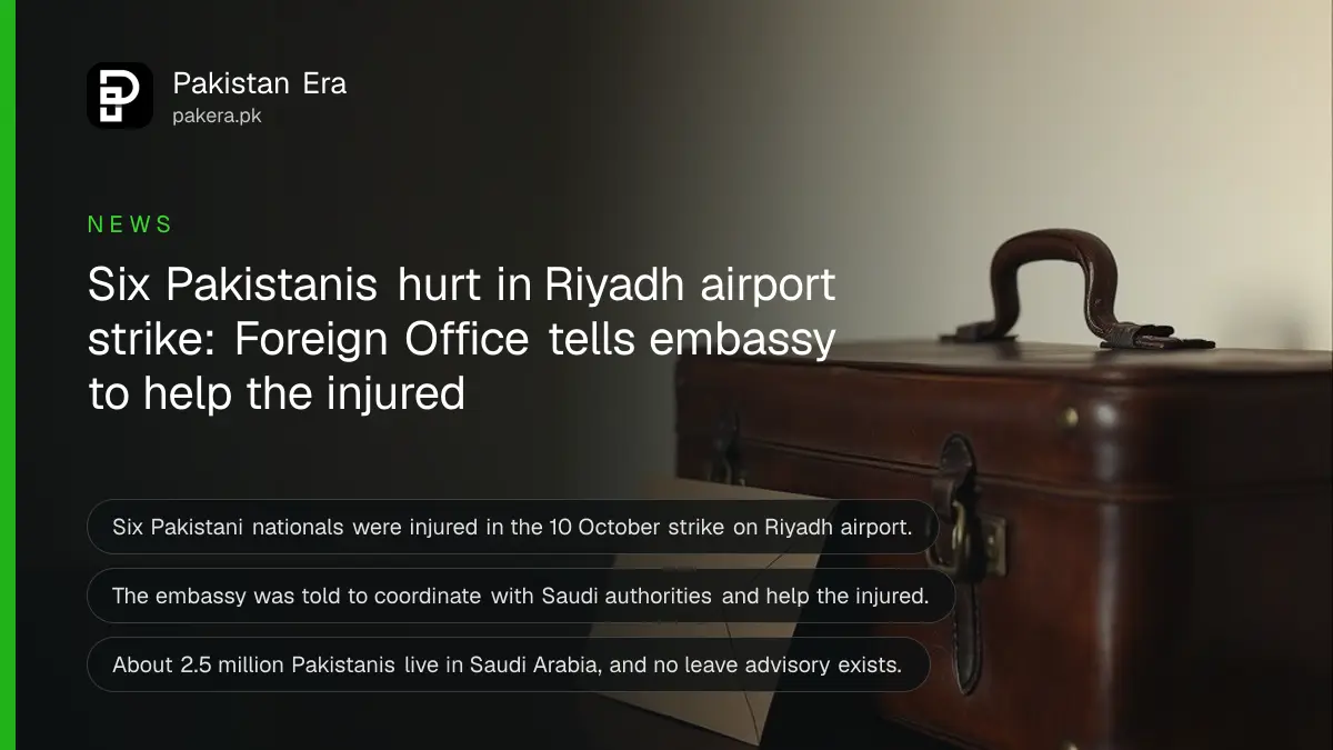 A worn suitcase and an envelope on a dark wooden table, for a report on Pakistanis hurt in the Riyadh airport attack