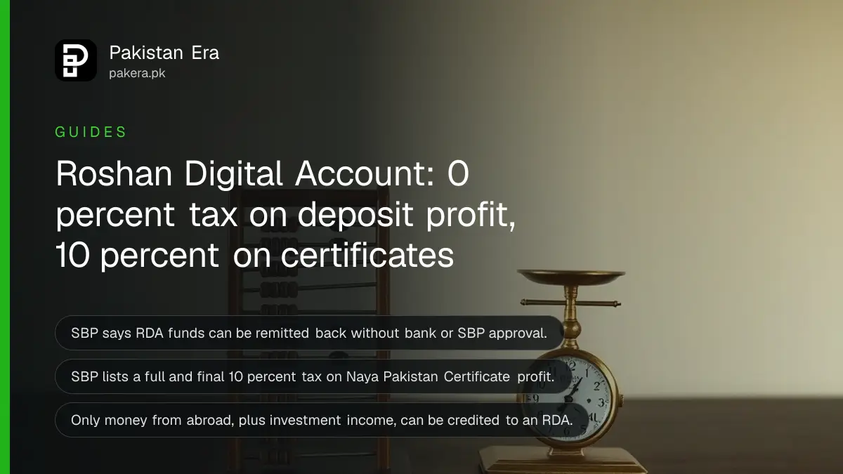 An abacus and a small brass scale on a dark wooden table, for a guide on Roshan Digital Account tax in Pakistan