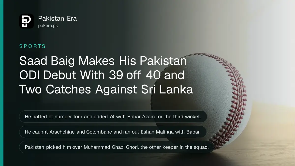 A white leather cricket ball on a dark wooden table, for Saad Baig's ODI debut for Pakistan in Rawalpindi