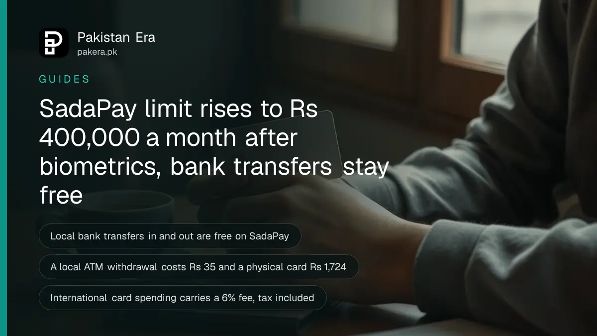 Hands holding a plain debit card over a cafe table in Islamabad with a cup of tea, for a guide to SadaPay limits and charges