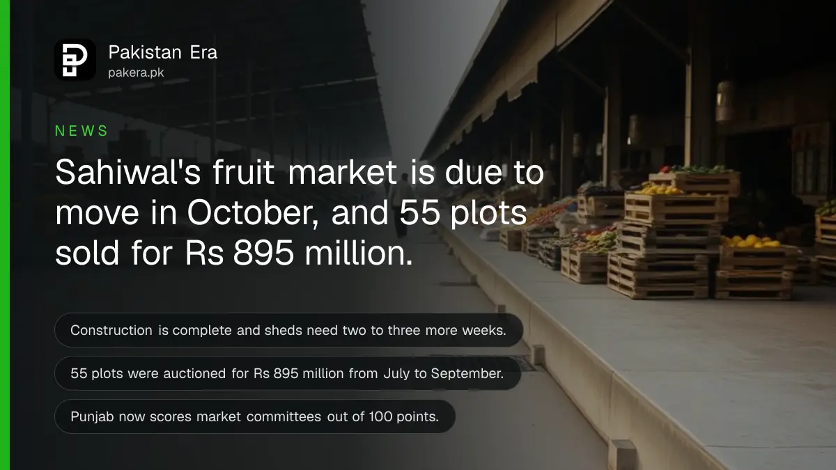A wholesale fruit and vegetable market with long covered platforms and stacked crates in Punjab