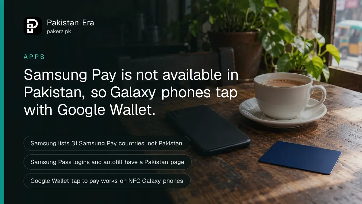 A smartphone lying face down beside a cup of tea and a folded debit card on a wooden table in Lahore