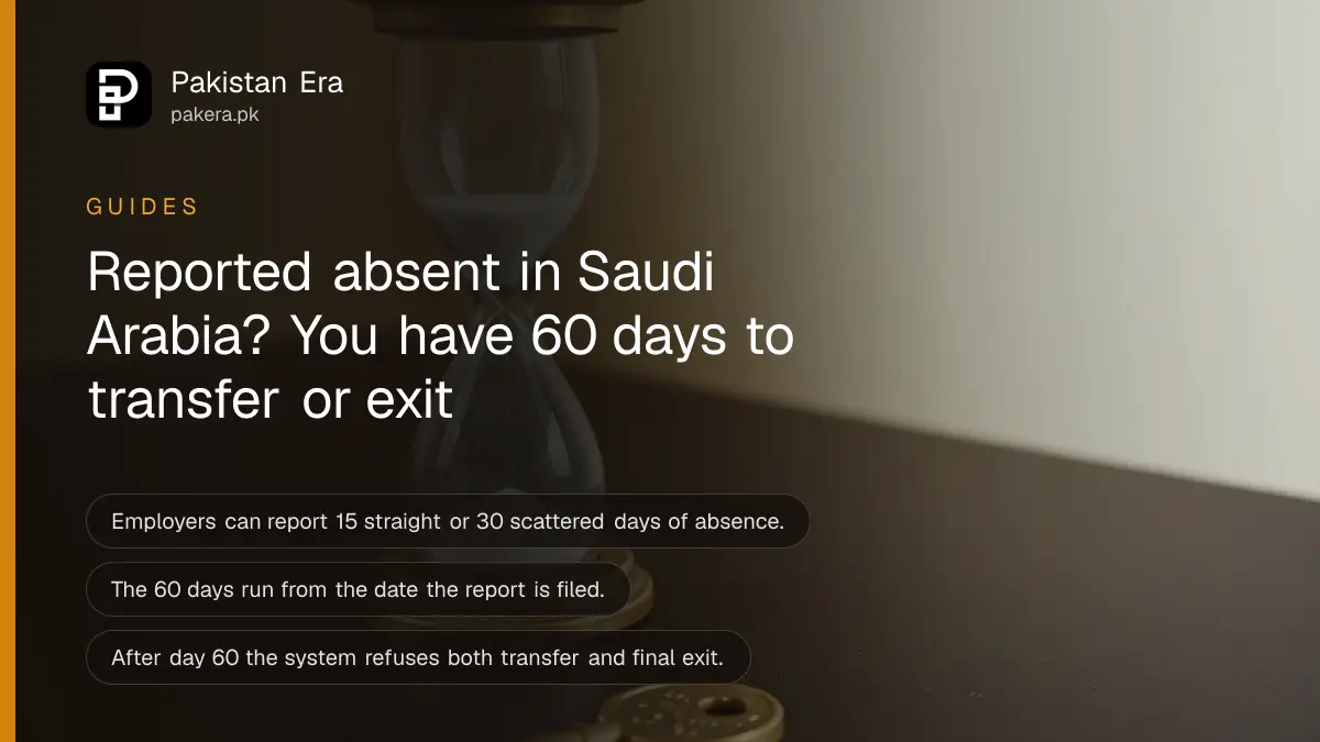 An hourglass and a brass key on a dark wooden table, for a guide on the 60 day absent from work period in Saudi Arabia