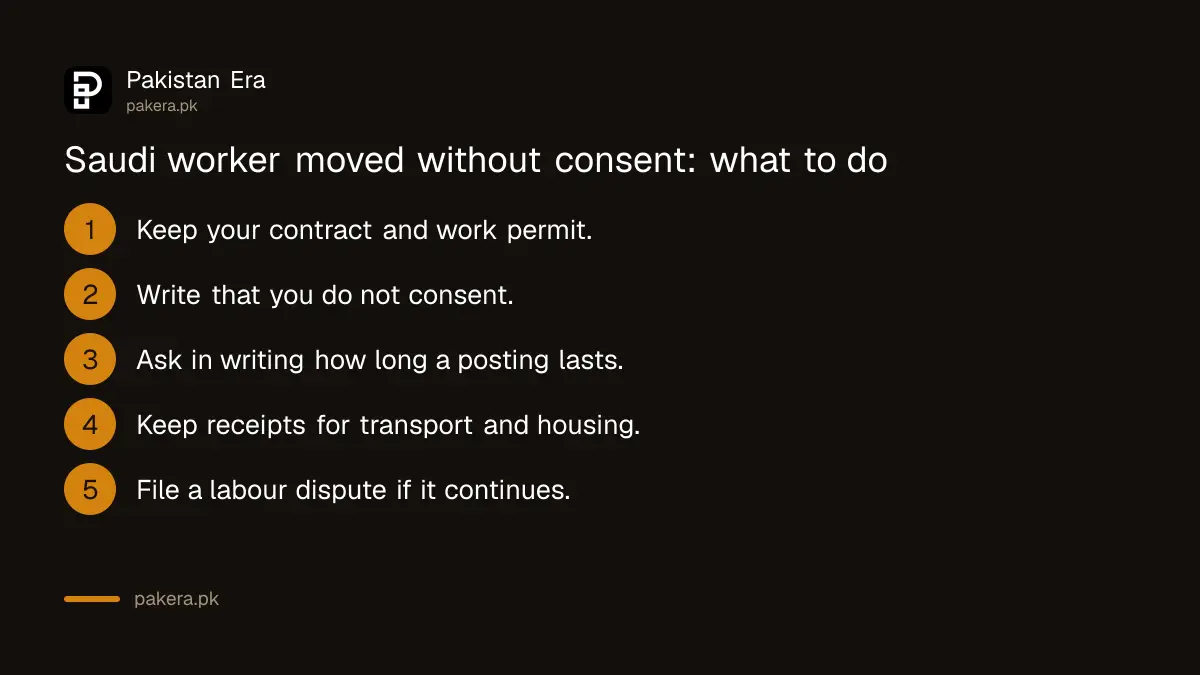 Steps for a Pakistani worker moved to another city or job without consent in Saudi Arabia