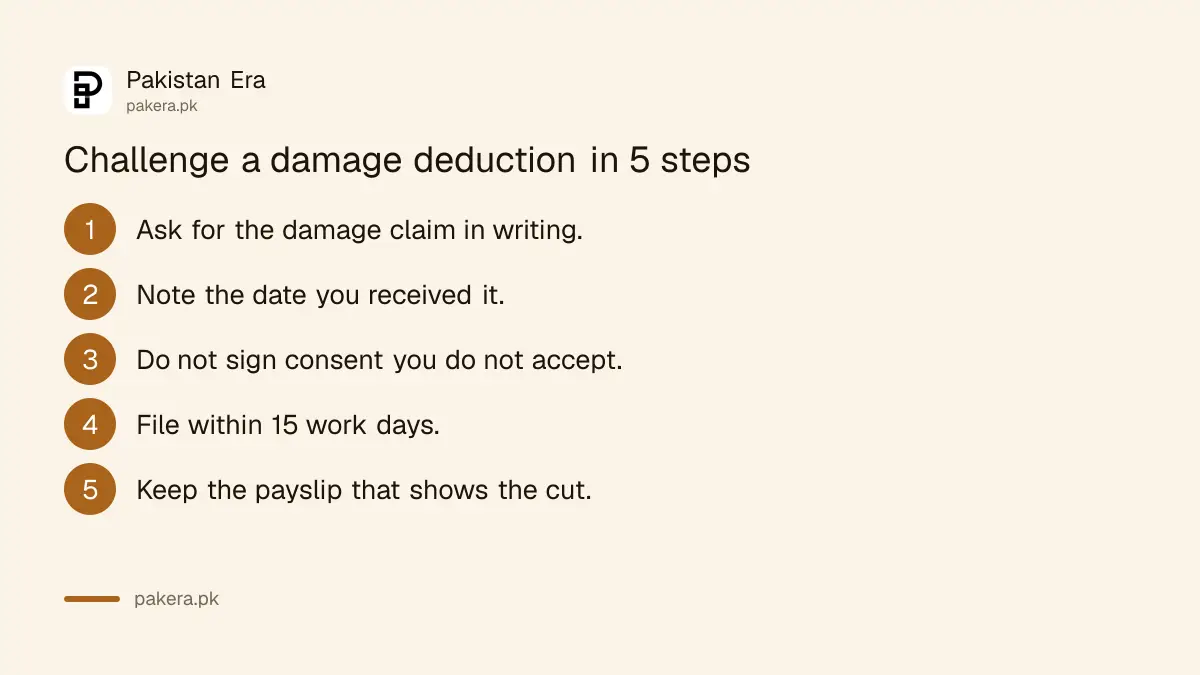 Five steps if your Saudi employer deducts for damage: get the claim in writing, note the date, do not sign, file within 15 days, keep the payslip