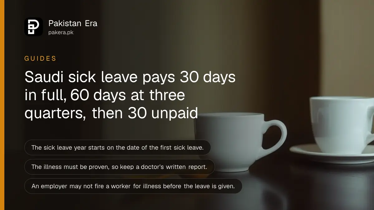 Two white cups and a wooden spoon on a dark wooden table, for a guide on Saudi sick leave pay for Pakistani workers